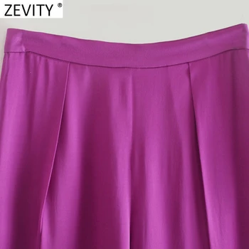 Zevity 2021 Nove Ženske Moda Barva Gub Širok Noge Hlače Ženska Elegantna Strani Zadrgo Priložnostne Poletje Saten Dolge Hlače P1171 10433