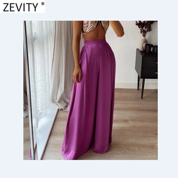 Zevity 2021 Nove Ženske Moda Barva Gub Širok Noge Hlače Ženska Elegantna Strani Zadrgo Priložnostne Poletje Saten Dolge Hlače P1171